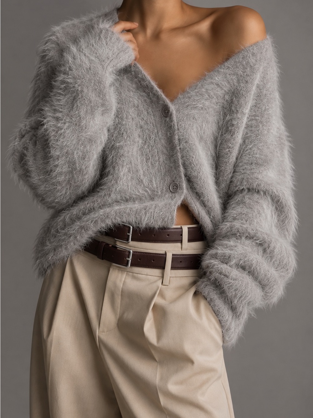 Gray Fuzzy Eyelash Knit Button Cardigan Sweater Size L